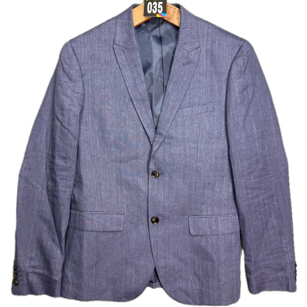 H&M Blazer Mens 38R Blue 100% Linen Slim Fit Two Button Sport Coat Jacket